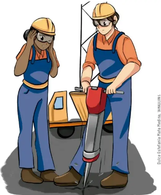 Dos trabajadores de construcción con casco amarillo y overol azul: uno opera una máquina picadora de concreto roja, el otro se protege los oídos con orejeras, junto a un camión pequeño. Crédito: Dulce Estefanía Nata Medina, Tamaulipas.
