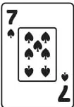 Cuatro cartas de naipe con los números 7 (tréboles), 10 (corazones), 6 (diamantes) y 8 (picas).