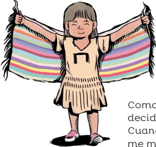 Ilustración de una niña sonriente con un vestido claro que sostiene con los brazos extendidos un rebozo de rayas multicolores con flecos.