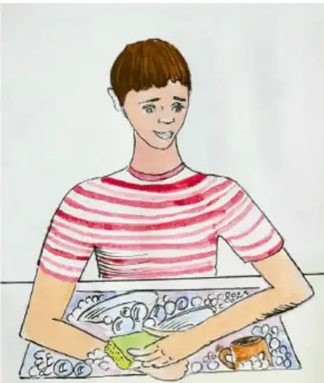 Ilustración de un joven que lava trastes con esponja y jarra sobre la mesa; firma de Miguel Ángel Luna Vargas, Morelos.