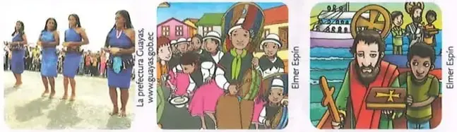 Tres imágenes que muestran personas y escenas familiares o comunitarias para apoyar la narración oral.