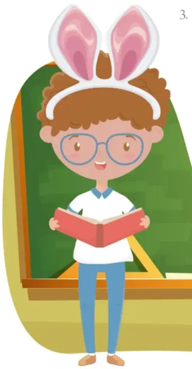 Ilustración de un estudiante con orejas de conejo leyendo un libro rojo frente a un pizarrón verde.