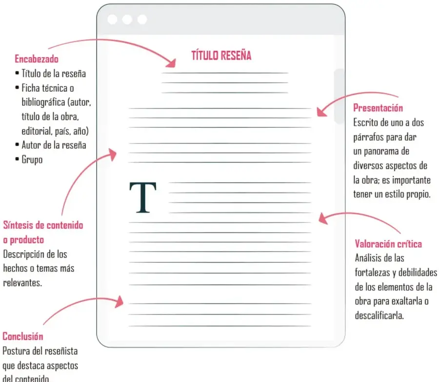 Esquema de una ventana de navegador con un texto de reseña; flechas rosas conectan los cinco rótulos (encabezado, síntesis, presentación, valoración crítica y conclusión) con las partes del texto.