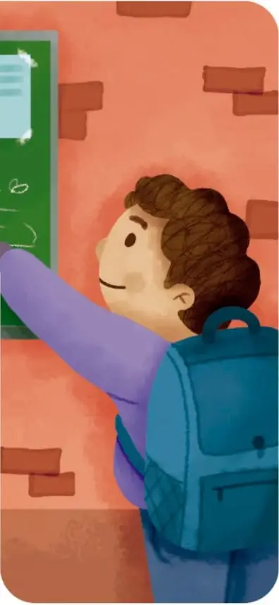 Ilustración de un estudiante con mochila azul señalando un pizarrón verde con notas y documentos pegados, en un salón con pared de ladrillo.