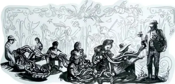 Ilustración artística de Octavio Sánchez Oropeza (Veracruz) que muestra figuras humanas y elementos de la naturaleza, representando la relación entre las personas y el entorno.