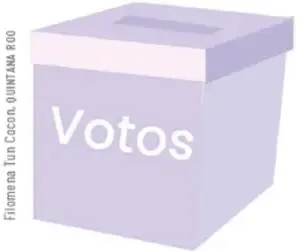 Urna transparente con la palabra Votos y una mano depositando un voto.