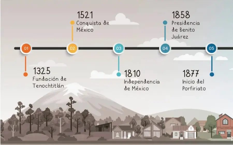 Linea del tiempo horizontal con cinco nodos numerados del 01 al 05; cada nodo tiene una fecha y un hecho historico. Debajo hay una ilustracion de un paisaje con montana nevada, bosque de pinos y casas de una comunidad.