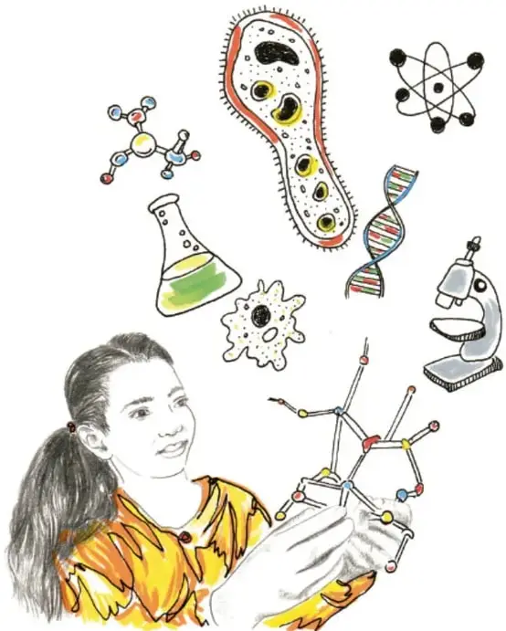 Ilustración de una niña o joven con suéter naranja y cola de caballo que observa un modelo molecular de colores; a su alrededor flotan íconos científicos: microscopio, matraz con líquido verde, doble hélice de ADN, átomo, molécula y un paramecio dibujado.