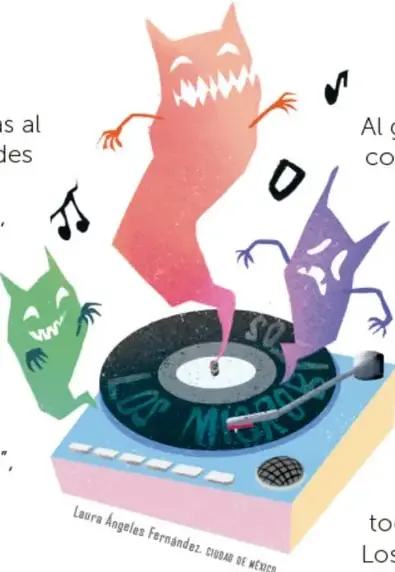 Una tornamesa (consola) azul girando el disco «Los Microbitos», rodeada por tres fantasmas-espectro rosado, morado y verde con dientes, y notas musicales.