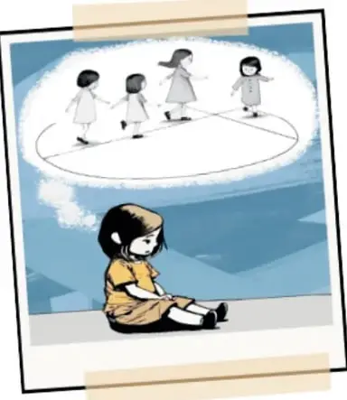Ilustración enmarcada: una niña sentada y triste en el piso sueña con una nube donde tres amigas juegan en un patio.