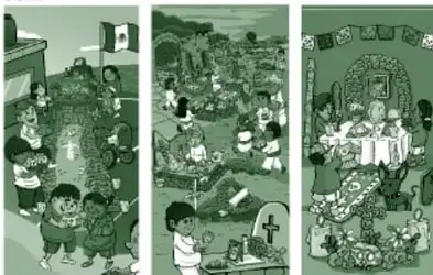Miniatura de la portada del recurso 'Celebrar en conjunto, celebrar diferente': tres ilustraciones verticales con escenas festivas, entre ellas una bandera de México, un panteón con ofrendas de Día de Muertos y familias reunidas alrededor de alimentos.