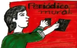 Persona colocando un boletín en un periódico mural rojo.