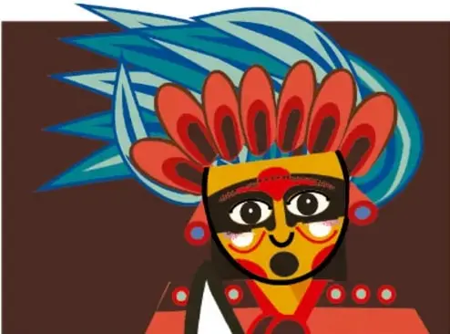 Rostro de Nanahuatzin con máscara amarilla y roja y gran penacho de plumas azules y rojas.