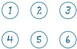 Diagrama de la celda braille: seis números dentro de círculos azules; arriba 1, 2, 3 y abajo 4, 5, 6.