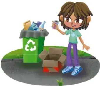 Una niña separando residuos junto a un contenedor de reciclaje con el símbolo de reciclaje y una caja de cartón. Crédito: Armando Amezcua Mora, Guanajuato.