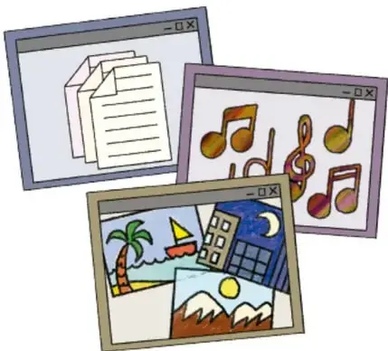Ventanas de computadora superpuestas con documentos, notas musicales, un piano y una imagen con palmera, velero, luna y montañas.
