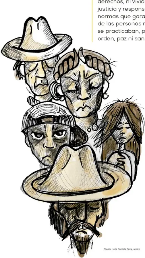 Ilustración de cinco personas de una ranchería con expresiones de tristeza y preocupación; una de ellas porta un sombrero grande en primer plano. Crédito: Claudia Lucía Bautista Parra, ALUSCO.