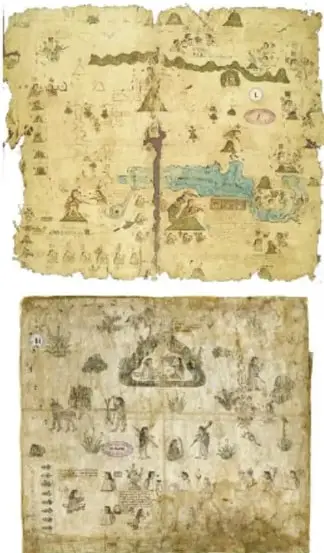 Reproducción del Códice Xólotl, manuscrito pictográfico en papel amate con escenas de migración y glifos.