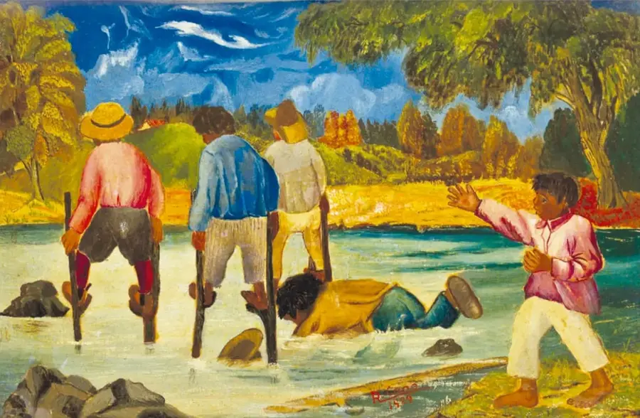 Pintura de cuatro niños cruzando un río sobre zancos; uno ha caído al agua y otro lo observa desde la orilla con el brazo extendido; fondo de árboles, cielo azul y agua.