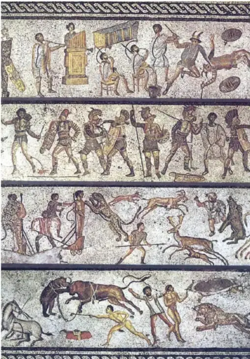 Mosaico romano dividido en cuatro franjas: músicos y soldados, guerreros en combate, escenas de caza y luchas con fieras, que ilustran la vida y la violencia en el imperio.