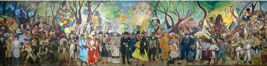 Mural Sueño de una tarde dominical en la Alameda Central de Diego Rivera, con numerosos personajes históricos y culturales de México.