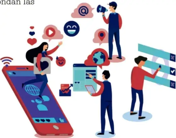 Ilustración de personas comunicándose con gestos, íconos de redes sociales, un megáfono y una tableta.