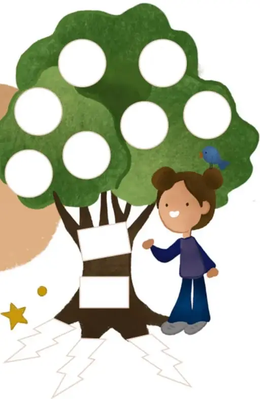 Ilustración de un árbol verde con círculos blancos en la copa y dos carteles blancos en el tronco; a su lado un niño de cabello castaño con playera azul y un pájaro azul posado en su cabeza. Abajo hay estrellas amarillas y líneas blancas que simulan destellos.