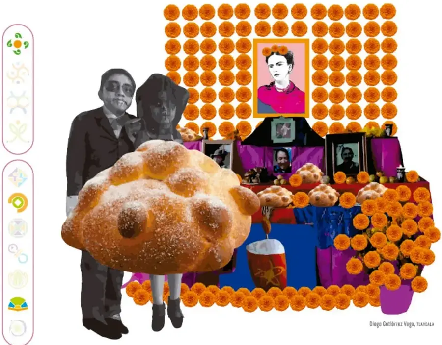 Collage de un altar de Día de Muertos con flor de cempasúchil, retratos (incluida Frida Kahlo), figuras de personas y un gran pan de muerto en primer plano; al pie se lee 'Diego Gutiérrez Vega, Tlaxcala'.