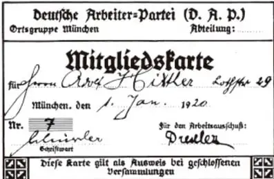 Reproducción del carné del Partido Nacionalsocialista Alemán (Deutsche Arbeiter-Partei) a nombre de Adolf Hitler, con fecha 1 de enero de 1920.
