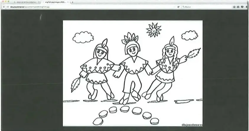 Interfaz web mostrando dibujos de familia indígena/tradicional para colorear