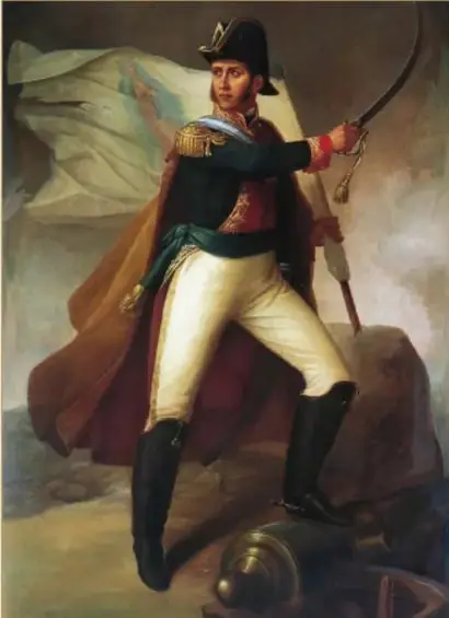 Pintura del General Ignacio Allende y Unzaga con uniforme militar, sable en mano y bandera al fondo.