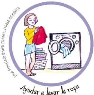 Ilustración circular de una niña que ayuda a lavar la ropa, con leyenda 'Ayudar a lavar la ropa'.