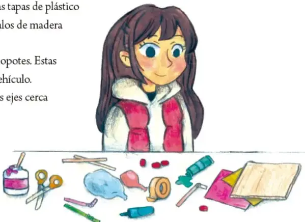 Ilustración de una niña con suéter rojo y blanco observando los materiales del proyecto sobre una mesa: pinturas, tijeras, globos, cinta adhesiva, popotes, cartón y tapas.