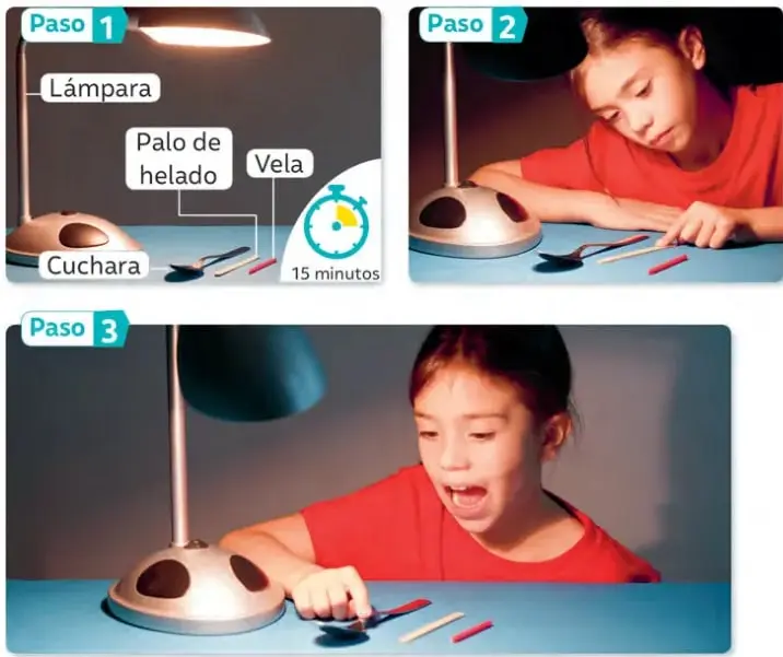 Fotografía con la etiqueta Paso 1: una lámpara de escritorio encendida bajo la cual se ubican una cuchara, un palo de helado y una vela; un cronómetro indica 15 minutos.