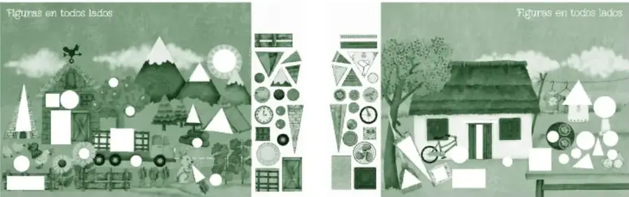 Dos escenas tituladas «Figuras en todos lados»: un paisaje de pueblo con montañas, sol, árboles y casa, con huecos de figuras geométricas, y otro con casa de techo, árbol y bicicleta, acompañadas de tiras con las figuras recortables (círculos, triángulos, cuadrados, rectángulos) para completar los huecos.