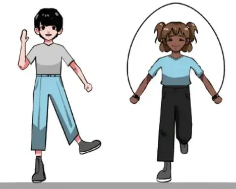 Ilustración de dos niños: uno dando la indicación con la mano alzada y otra niña saltando la cuerda. Crédito: Melissa Arenas Montealegre, Ciudad de México.