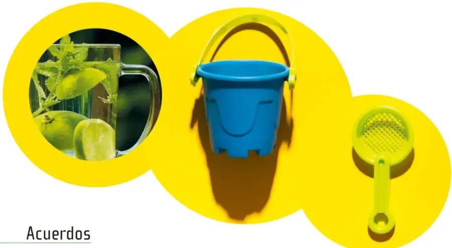 Composición de tres círculos amarillos con fotografías: un vaso con limón y hierbabuena, un balde azul de plástico que proyecta sombra, y un colador amarillo con mango.