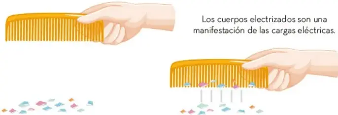 Ilustración de un peine que atrae pequeños trozos de papel, mostrando la electrización por frotación.