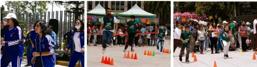 Tres fotografías: (izq.) grupo de estudiantes con uniforme azul observando una actividad; (centro) participantes sorteando conos naranjas en un patio con carpas; (der.) grupo de personas con balones en una plaza realizando una dinámica deportiva con conos.