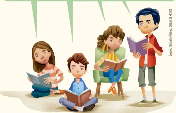 Ilustración de cuatro estudiantes leyendo libros; uno de pie sostiene un libro abierto. Crédito: Beatriz Saldaña Peláez, CDMX.