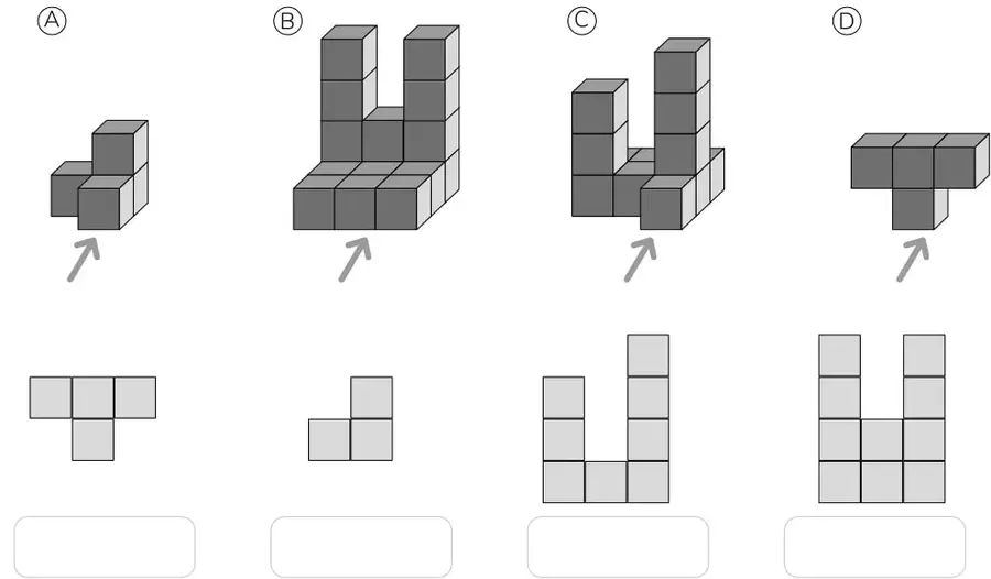 Cuatro figuras 3D formadas por cubos (A, B, C, D) con una flecha que indica la dirección de la vista de frente.