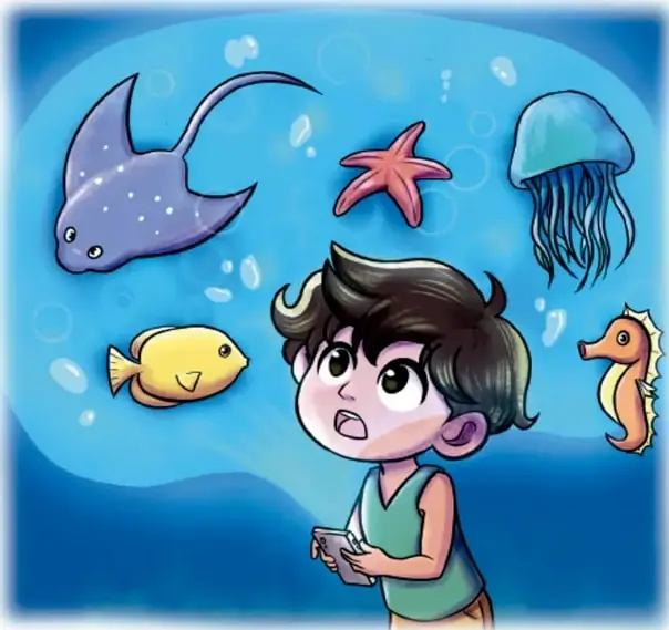 Niño sumergido en un ambiente submarino observando animales acuáticos (mantarraya, estrella de mar, medusa, pez, caballito de mar) mientras sostiene una tableta.