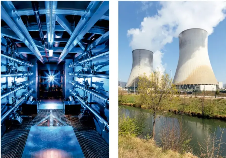 Interior de una instalación experimental (National Ignition Facility) con estructura metálica azul y un haz de luz brillante en el centro, donde se realizan experimentos de fusión nuclear.
