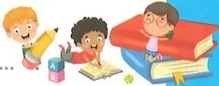 Ilustración de estudiantes leyendo y observando materiales escolares.