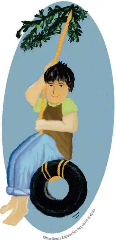 Ilustración de un niño sentado en un columpio hecho con una llanta, sostenido por una cuerda, con árboles de fondo.