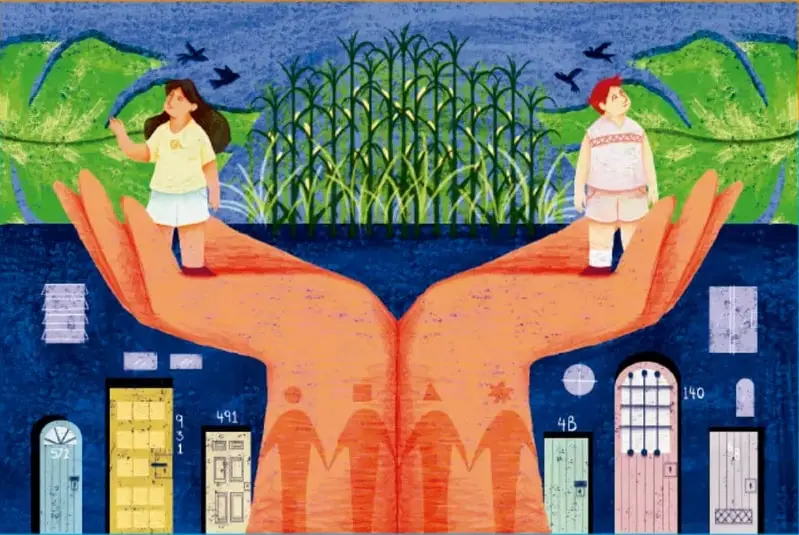 Ilustración artística de dos manos color salmón abiertas que sostienen a dos niñas de pie, con un paisaje de maíz, ríos, montañas y aves al fondo y puertas de distintos colores con números a los lados.