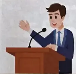 Ilustración de una persona dando un discurso frente a un micrófono y un atril.
