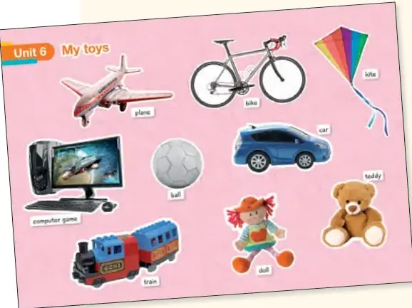 Lámina de la Unidad 6 'My toys' con imágenes de juguetes y sus nombres en inglés: plane, bike, kite, computer game, ball, car, train, doll, teddy.
