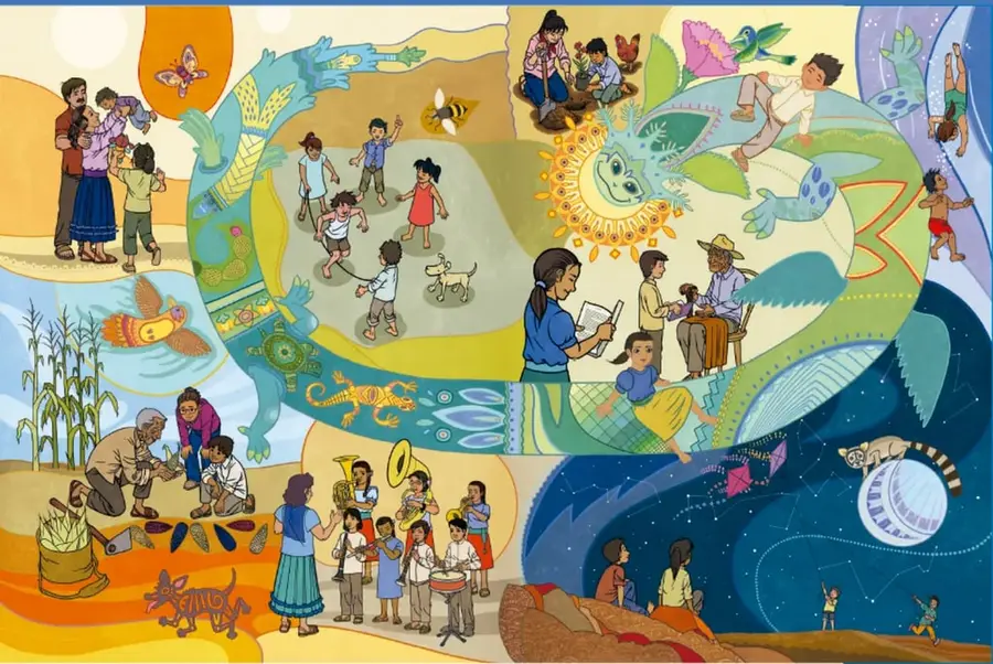 Ilustración a color de Ricardo Peláez Goycochea en la que se aprecia una gran cometa/ave estilizada formada por escenas de la vida mexicana: familias, niños jugando, una maestra leyendo con sus alumnos, personas sembrando maíz, una banda de música, personas conversando bajo las estrellas, animales (colibrí, abeja, ajolote, armadillo, perrito) y la luna con un jaguar, representando la diversidad cultural y los múltiples lenguajes del país.