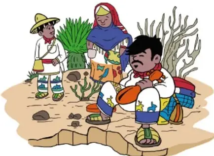 Ilustración de niños y adultos wixárika con trajes tradicionales y colores vivos, junto a cactus y vegetación del desierto. Crédito: Israel Campos de León, Coahuila.
